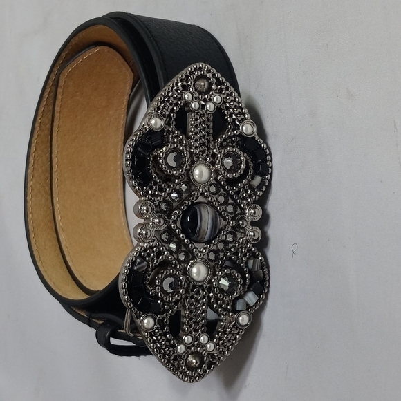LEATHER‎ Rock Black Rhinestones Buckle Signature Belt main image 5